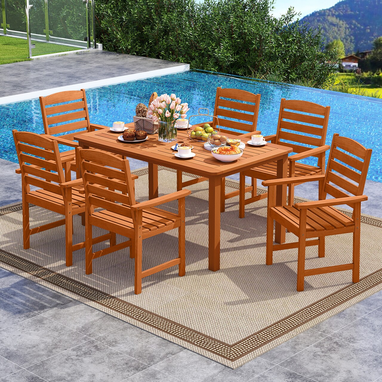 7-Piece Patio Dining Set Teak Wood Table and 6 Outdoor Chairs